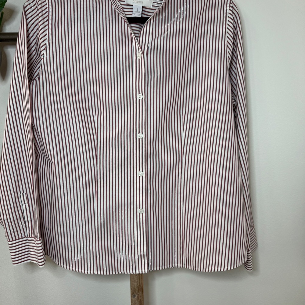 Chicos Striped No Iron Sparkle Button Up Shirt Women's Size 1 Red White Black - Picture 3 of 9